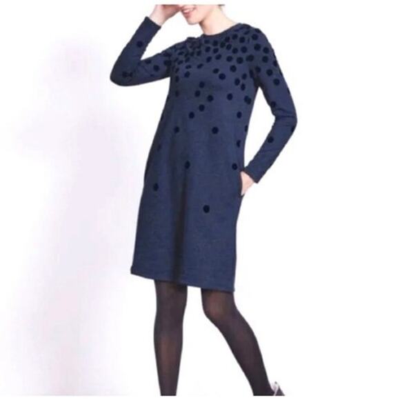 BODEN Cotton Flocked Knit Navy Blue Velvet Polka Dot Long Sleeve Dress Size 14 - Picture 1 of 8